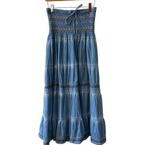 Indigo & Lace Tiered Chambray Peasant Midi Skirt M